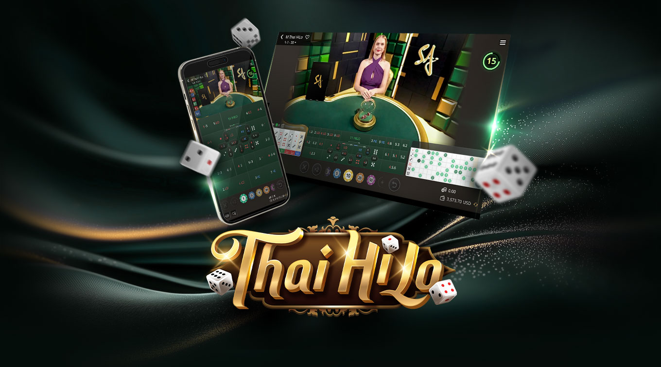 Image for an online Thai HiLo game featuring a dealer at a gaming table on the right and a mobile interface on the left. The text 'Thai HiLo' is prominently displayed at the bottom, accompanied by 3 dice.